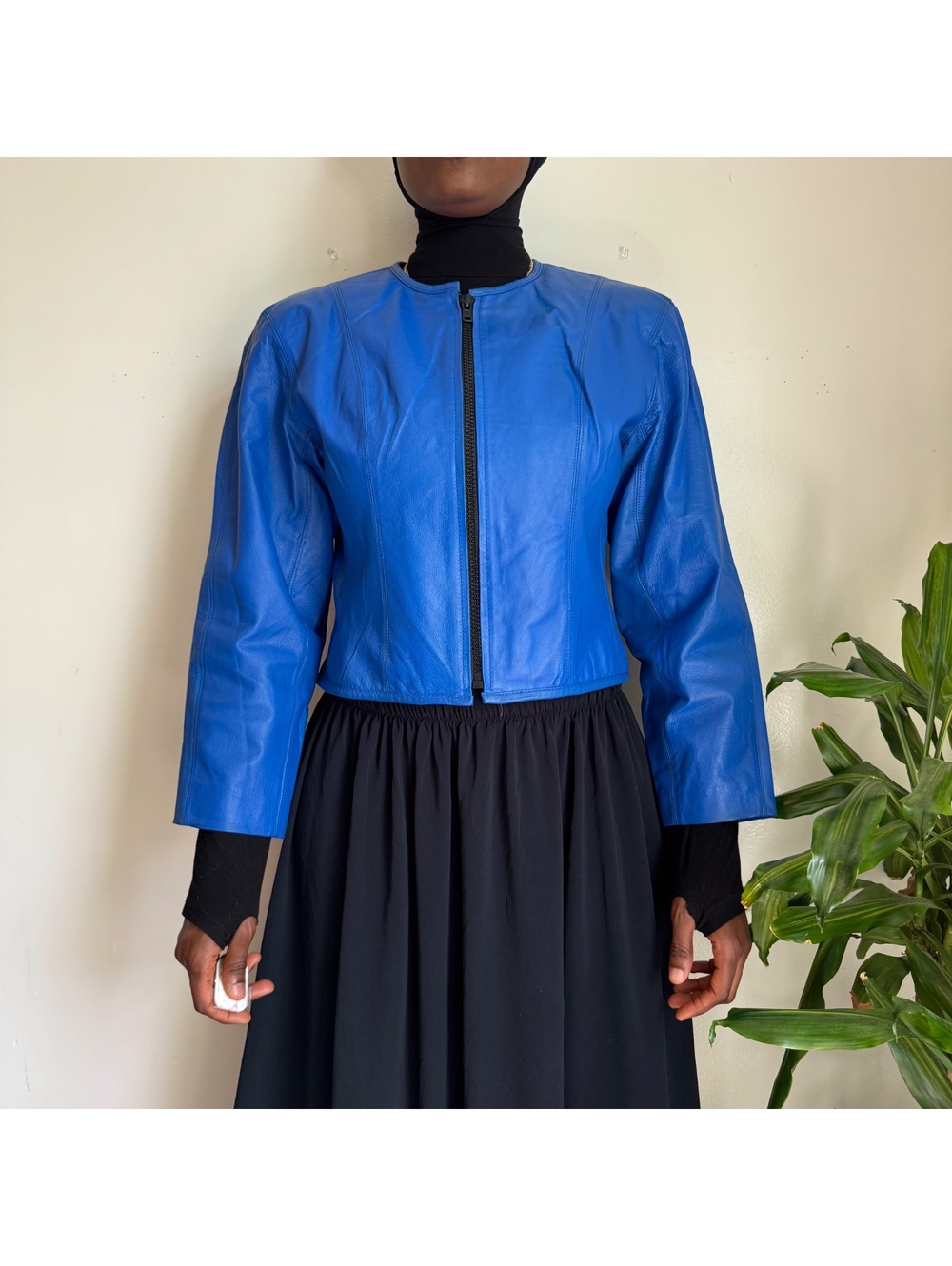 80s 90s CHIA Cobalt Blue Leather Jacket Collarless Cropped Biker Moto - L